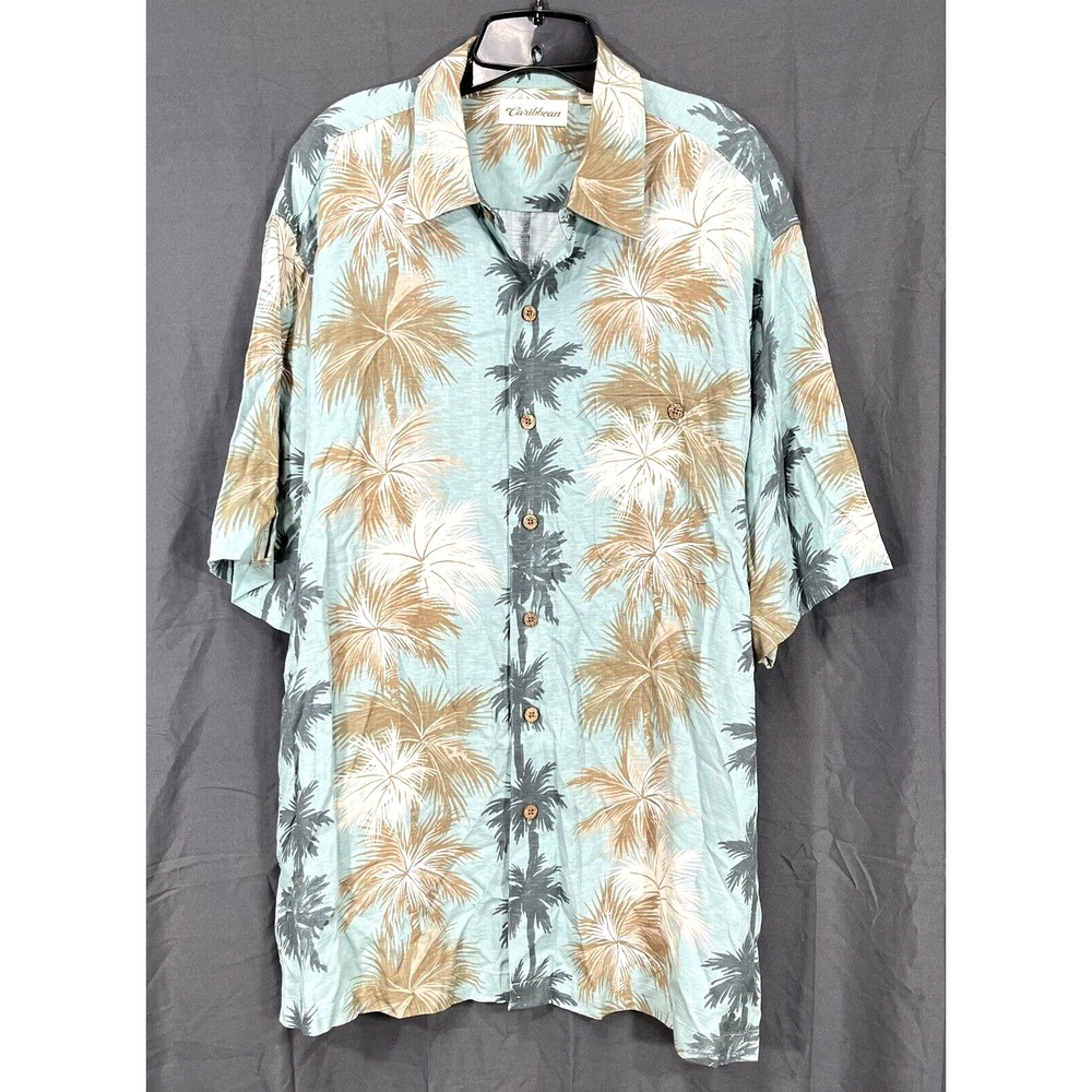 CARIBBEAN Men's BLUE Hawaiian Print LIGHTWEIGHT TWILL Button-Up CAMP SHIRT Sz XL